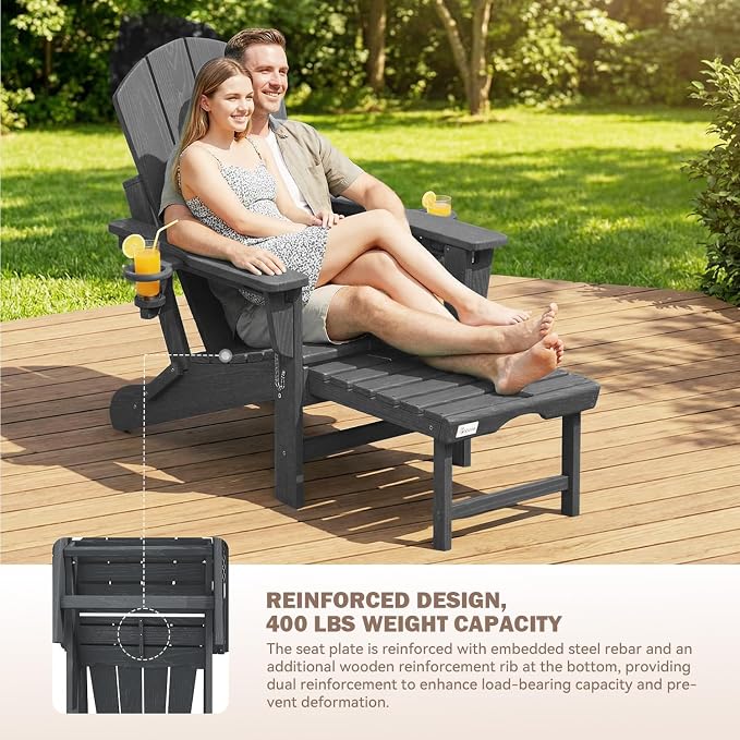 Mdeam 3-Level Adjustable Adirondack Chair with Retractable Ottoman, HDPE All-Weather Folding Fire Pit Chair with 2 Cup Holders, Outdoor Chair for Deck Patio Garden Backyard Lawn (Grey)