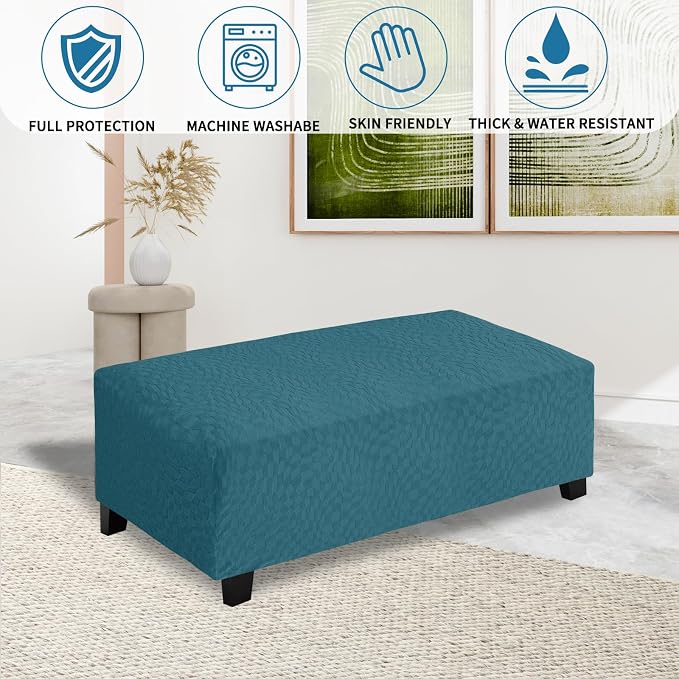 ZNSAYOTX 2026 Rectangle Ottoman Cover (L:57"-75") Super Stretch Soft Footrest Slipcover Form Fit, Universal Folding Foot Stool Covers with Non-Slip Elastic Band, Fashion Jacquard Texture, Teal