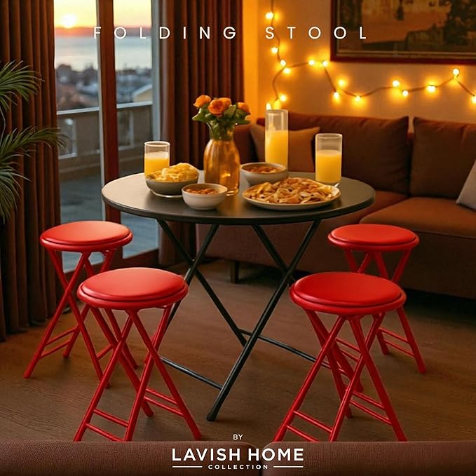 Lavish Home Folding Stool - Set of 4 Counter Height Bar Stools – 24-Inch Backless Folding Chairs with 225lb Capacity for Kitchen, Rec Room, or Game Room (Red)