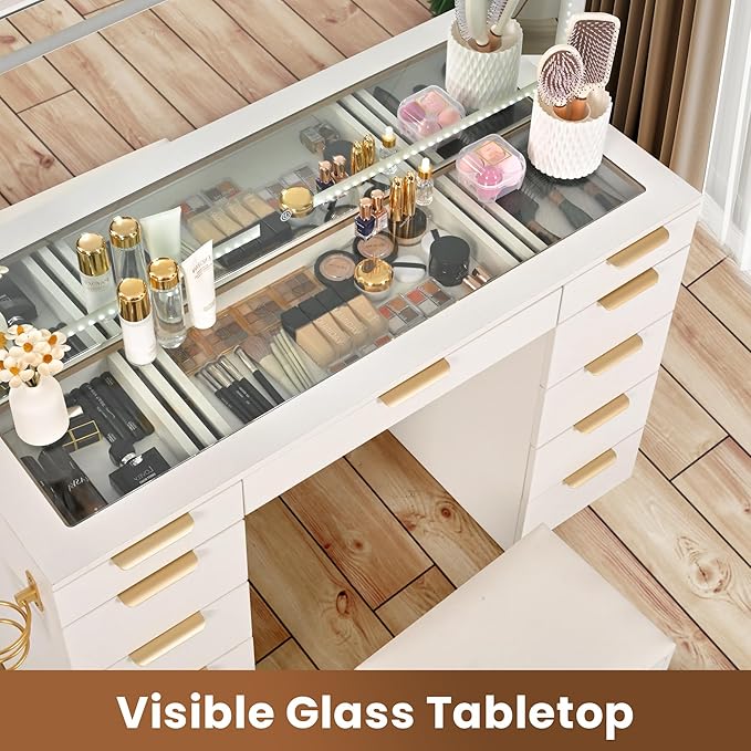 Pamapic 11 Drawers Vanity Desk with Golden Handles, Upgraded Silent Slides Vanity Mirror with Lights, 3 Lighting Modes Glass Top Makeup Vanity with Chair and Portable Mirror, Charging Station