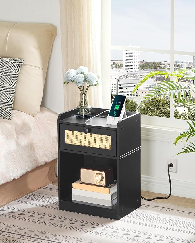 CHOEZON Nightstand, End Table with Charging Station, Side Table with Rattan-Style Drawer and Storage Shelf, Modern Sofa Table with 1 AC Outlet and 2 USB Ports, for Bedroom, Black MBZ01UBB