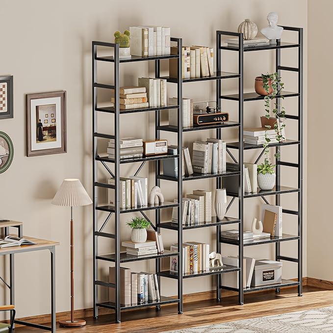 SUPERJARE Triple Bookshelf, Bookcase with 17 Open Display Shelves, Wide Book Shelf Book Case for Home & Office, 6 Tier, Black