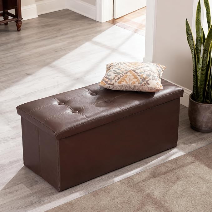 ZenStyle 30Inches Storage Ottoman Bench, Folding Footrest Stool, Storage Chest Long Shoes Bench with Foam Padded Seat, Holds up to 350 lbs, for Living Room, Entryway, Bedroom (Brown, 30 inches)