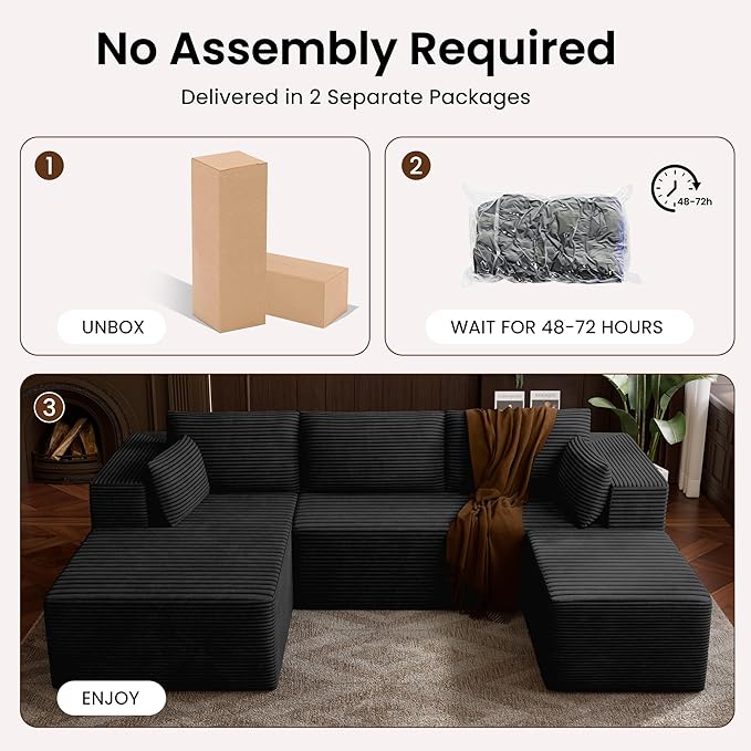 106" Cloud Sectional Boneless Couches for Living Room, Modular U Shaped Couch with Deep Seat, Removable Ottoman, Memory Foam Compressed Spineless 4 Seater Sofa for Bedroom Apartment, Black