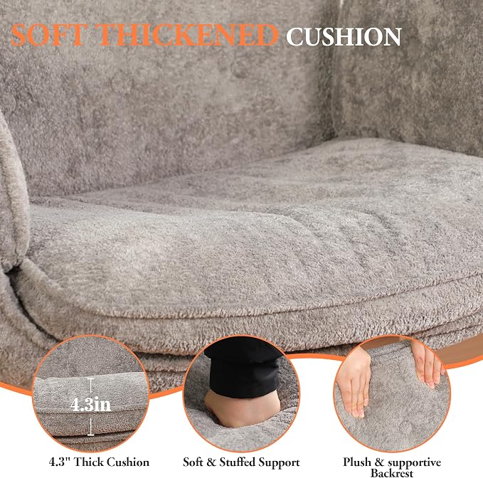Criss Cross Chair with Footrest & 5 Level Folding Arms Full Relaxation, Wide Cross Legged Office Chair for Home Office, Comfy Swivel Desk Chair with Ottoman, Chenille Vanity Chair (Grey)