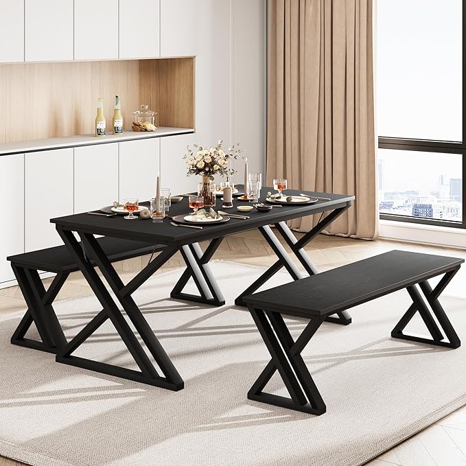 GarveeHome 55" Kitchen Table with 2 Benches, Dining Table Set for 4, Saving Space Dining Room Table Set for Kitchen, Dining Room, Apartment, Sturdy Metal Frame, Black