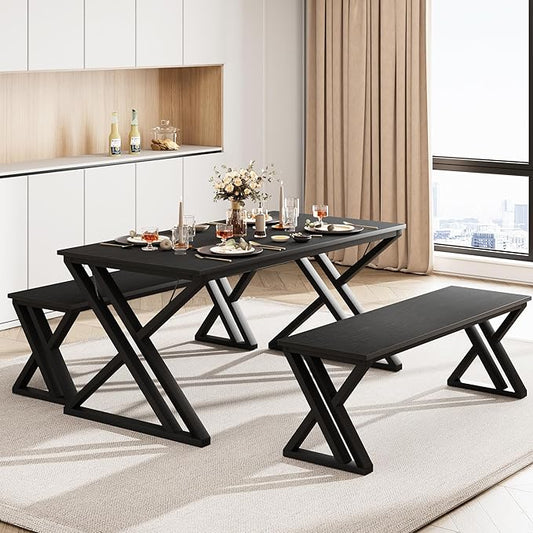 GarveeHome 55" Kitchen Table with 2 Benches, Dining Table Set for 4, Saving Space Dining Room Table Set for Kitchen, Dining Room, Apartment, Sturdy Metal Frame, Black