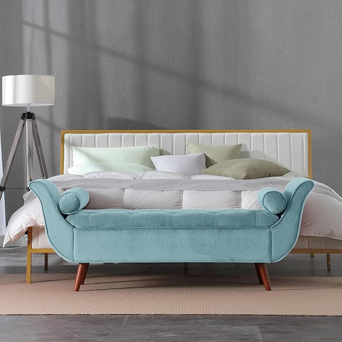 Storage Bench for Bedroom End of Bed, Velvet Upholstered Rolled Armed Button Tufted Sofa Stool Bench, Storage Ottoman Couch Long Bench with Solid Wood Legs (Blue)
