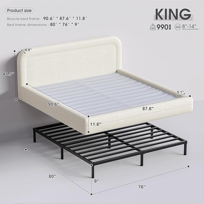 Homkdom Cloud Bed Frame and Headboard, Upholstered Soft King Size Bed Frame with Round Edges, Boucle Platform Bed for Apartments & Master Rooms & Guest Rooms, No Box Spring Needed,Beige
