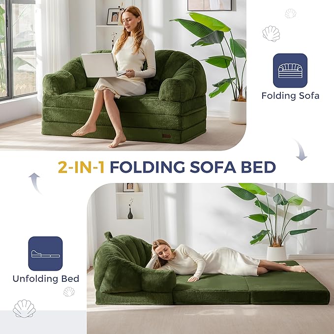 MAXYOYO Folding Sofa Bed, 2 in 1 Convertible Sofa to Lounger Comfy Loveseat Bean Bag Chair for Adults, Floor Sleeper Couch with Handle, Faux Fur Couch Bed for Living Room Bedroom, Green, Loveseat