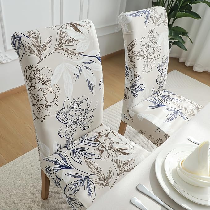 FORCHEER 4 Chair and Bench Covers for Dining Chairs Waterproof Floral Dining Room 4 Piece Kitchen Chair Slipcovers with Bench Seat Cover Set Washable (Waterproof Elegent-Flowers)