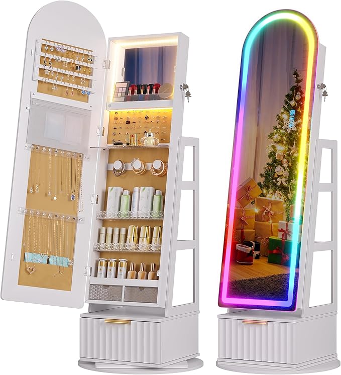 Dystler Arched Jewelry Cabinet with RGB Full-Length Mirror, 360° Swivel Standing Jewelry Armoire with Shelves & Drawer, Lockable Jewelry Organizers and Storage with Remote Control, White
