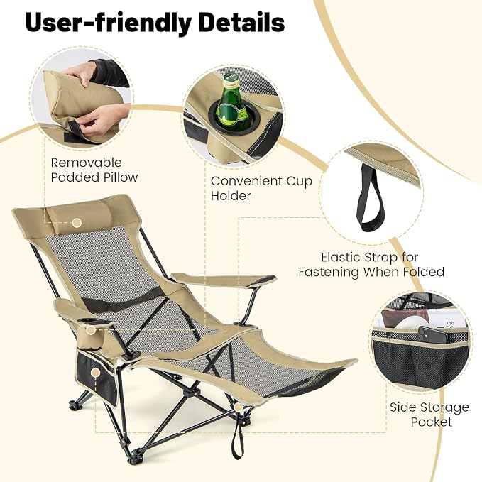 GYMAX Camping Chair, Adjustable Reclining Lounge Chair w/Removable Footrest, Padded Pillow, Cup Holder & Side Pocket, Folding Camping Mesh Chair w/Carry Bag for Outdoor Patio Lakeside (1, Khaki)