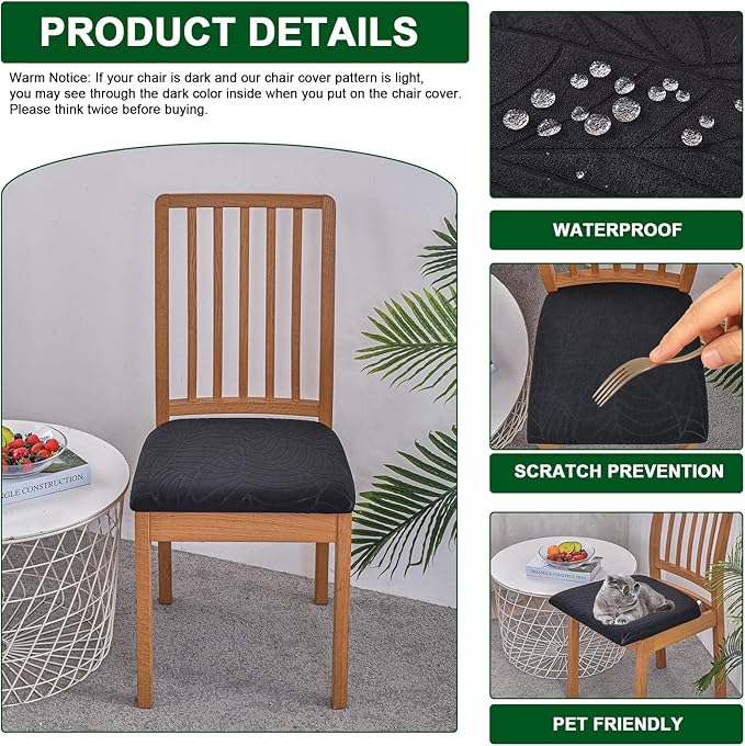 CRFATOP Waterproof Seat Covers for Dining Room Chairs Set of 4 with Stretch Bench Slipcover Jacquard Kitchen Chair Slipcover Washable Seat Cushion Slipcover for Hotel Banquet Wedding Party, Black