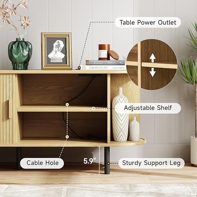 ONBRILL 55" TV Stand with Power Outlet for TVs up to 60 Inch, Entertainment Center with Storage and Adjustable Shelves, Modern Media Console with Sliding Doors for Living Room, Oak
