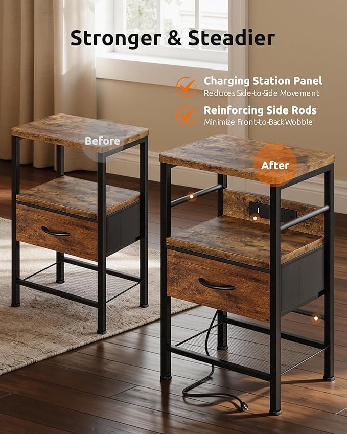 Lazzanto Nightstands Set of 2 with Charging Station, Bedside Tables with Open Shelf & Hooks, End Tables with USB-C USB-A Ports AC Outlets, Night Stand for Bedroom with Fabric Drawer, Rustic Brown