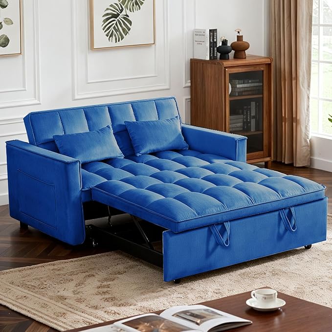 3 in 1 Convertible Sleeper Sofa Bed, Velvet Fabric Loveseat Sofa Bed with Adjustable Backrest & Large Side Pockets, Pull Out Couch for Small Spaces, Apartment, Living Room, Blue