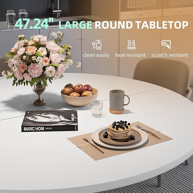 47.24" Round Dining Table for 4-6 Person, Round Kitchen Table with Wood Top, Circle Dinner Pedestal Tables with Metal Legs for Dining Room Kitchen (White)