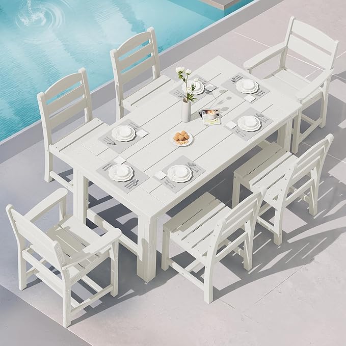 SERWALL Outdoor Dining Table Set, 67‘’ HDPE Patio Dining Set for 6, All-Weather Outdoor Table and Armless Chairs Set for Deck, White