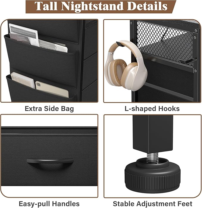 EnHomee Nightstands Set of 2 with 5 Drawers, Black Dresser with Charging Station and LED Light, Tall Nightstand with Extra Side Bag & Hooks, Bedroom, Closet, Hallway, Entryway, Black