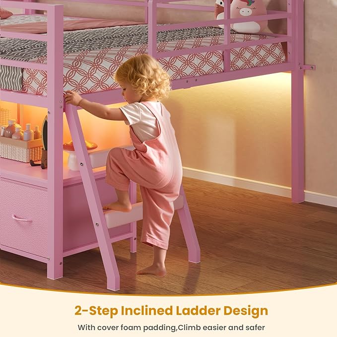 ADORNEVE Low Loft Bed Full Size with 7 Storage Drawers, Bookcase and LED Lights, Metal Kids Loft Bed with 14" H Safety Guardrail,Inclined Ladder and Play Curtain, Under-Bed Play Space, Pink