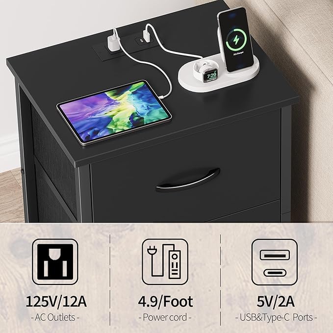 Vagusicc Nightstand Set of 2 with Charging Station, End Table Bedside Table with Power Outlet & USB Ports, Side Table with 2 Fabric Drawers for Bedroom, Living Room, Black