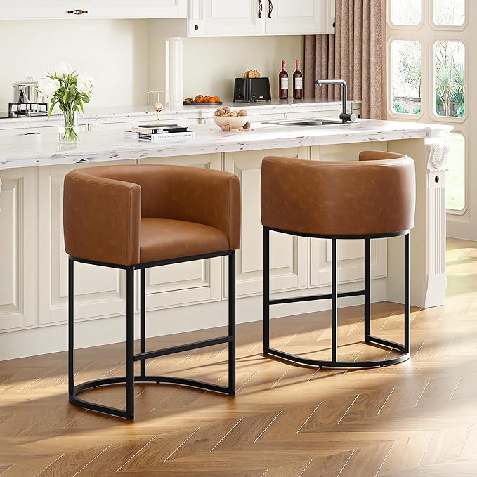 26" H Counter Height Bar Stools Set of 2, Modern Barrel Counter Stools with Backrest and Arms, Faux Leather Upholstered Accent Barstools for Kitchen Island,Support 450 LBS (Walnut Brown)