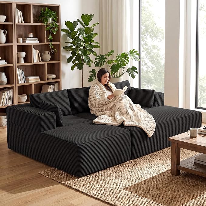 GRUSIGN 106" Oversized Sectional Boneless Sleeper Sofa Bed Couches for Living Room, Modular L Shaped Couch with Left Facing Chaise & Big Ottoman, Compressed Spineless Corduroy Cloud Sofas, Black | Deep Seat