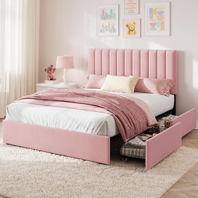 Welzona Queen Upholstered Bed Frame with 4 Storage Drawers, Velvet Upholstered Metal Platform Bed with Vertical Tufted Headboard, 3-Level Height, Metal Slat Support, Noise-Free Easy Assembly, Pink
