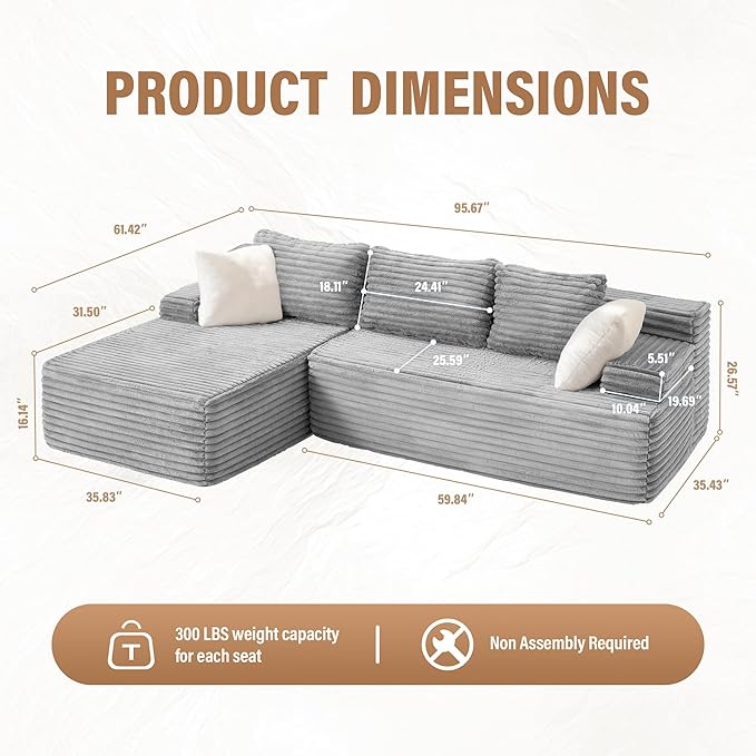 Hobestluk Modular Sectional Sofa Boneless Couch L-Shape Couch 3 Seat Modular Couch Memory Foam Sectional Couches for Living Room Furniture, Cloud Couch with Chaise Lounge (96" Left Facing Chaise)