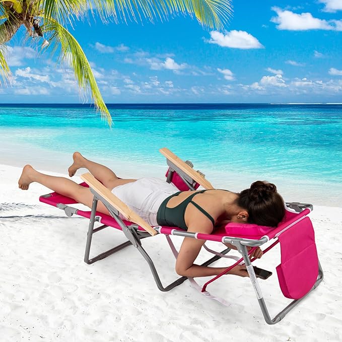 Goplus 3-in-1 Foldable Beach Chair, Lay-Flat Tanning Chair with Face and Arm Holes, Footrest, 330 lbs Heavy-Duty Portable Reclining Lounge Chairs for Outside, Camping, Patio, Poolside, Lawn (1,Red)