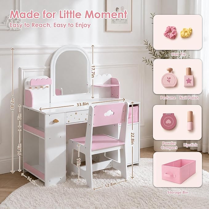 Leeshyah Kids Vanity with Lights and Chair, 3-Color Lighted Mirror Kids Vanity Table and Chair Set, Toddler Vanity Desk with Drawer, Storage Cabinet and Bin, Pretend Play Vanity for Ages 3+