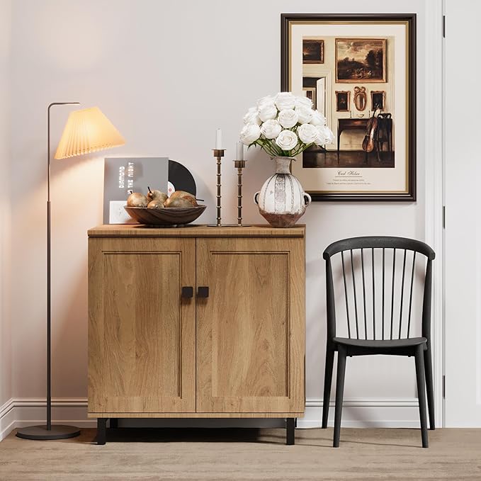 FENSULN Buffet Sideboard Cabinet Farmhouse Modern Storage Cabinet with Adjustable Shelves for Kitchen, Coffee Bar, Living Room, Oak