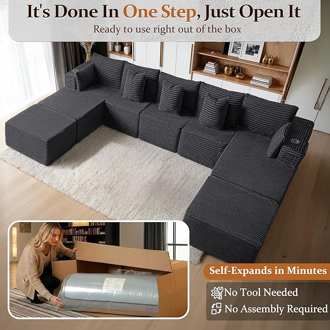 168" Cloud Sectional Couch, Comfort U Shaped Sofa for Living Room, Extra Deep Seats No Assembly, Minimalist Modular Couch, Corduroy (Dark Grey, 9 Seats,U-Shape B)