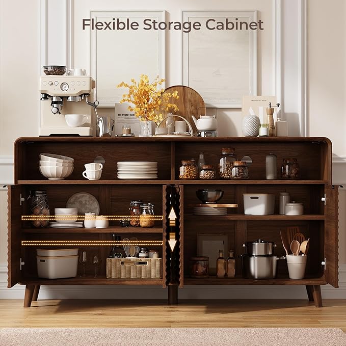 61" Sideboard Buffet Cabinet with Open Storage & 4 Doors, Large Coffee Bar Cabinet with Adjustable Shelves, Mid Century Modern Fluted Buffet Cabinet for Kitchen, Living Room, Walnut