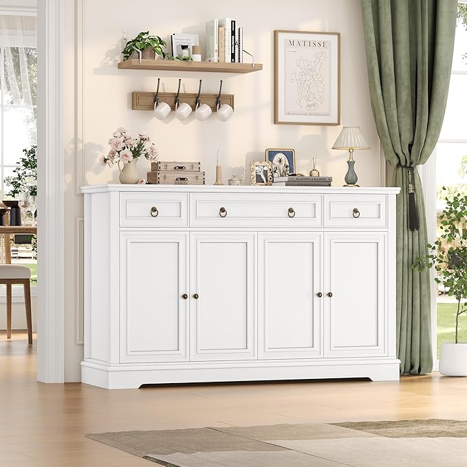 FINETONES Buffet Cabinet with Storage, 52.7" Large Sideboard Buffet Cabinet, White Kitchen Cabinet with 3 Drawers and 4 Doors, Wood Coffee Bar for Kitchen Dining Room, White