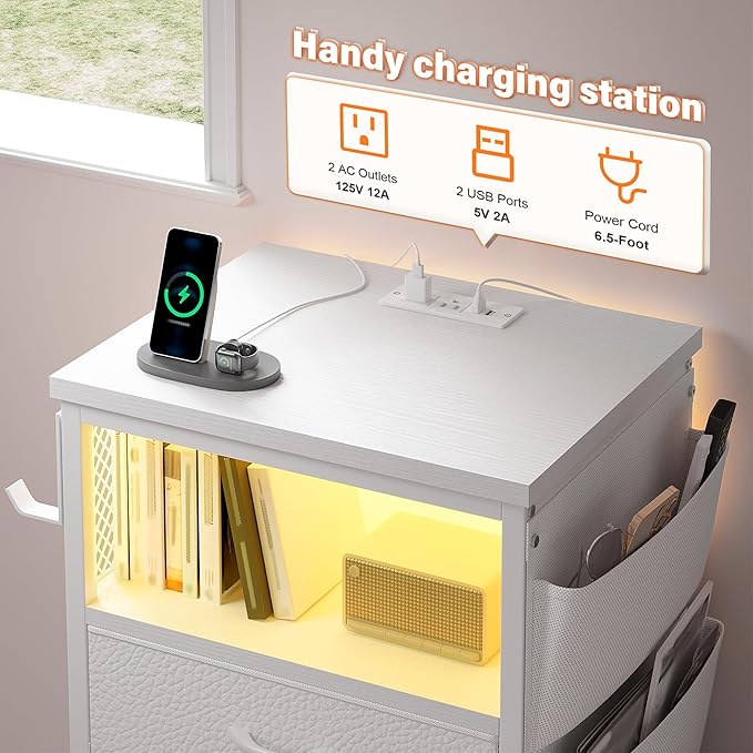 EnHomee Tall Nightstand Set of 2, Bedside Table with Charging Station and LED Light, Night Stand with Extra Side Bag & Hooks, Bedroom, Closet, Hallway, Entryway, White