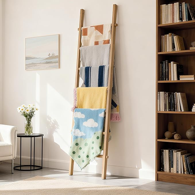 Wooden Blanket Ladder - Natural & Motley Wood - Leaning Wall Decor for Bedroom, Bathroom, Living Room - Rustic Quilt Holder & Towel Rack (Brown, 76in（6-Tier）)