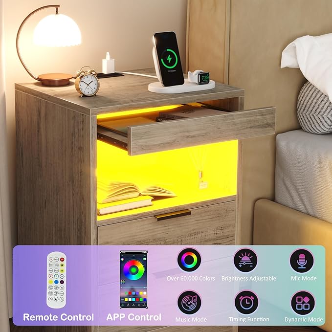 Gadroad LED Nightstand with Charging Station, Bedside Table with USB Ports & Power Outlets, Modern Night Stand with Drawers for Bedroom Small Spaces, Grey