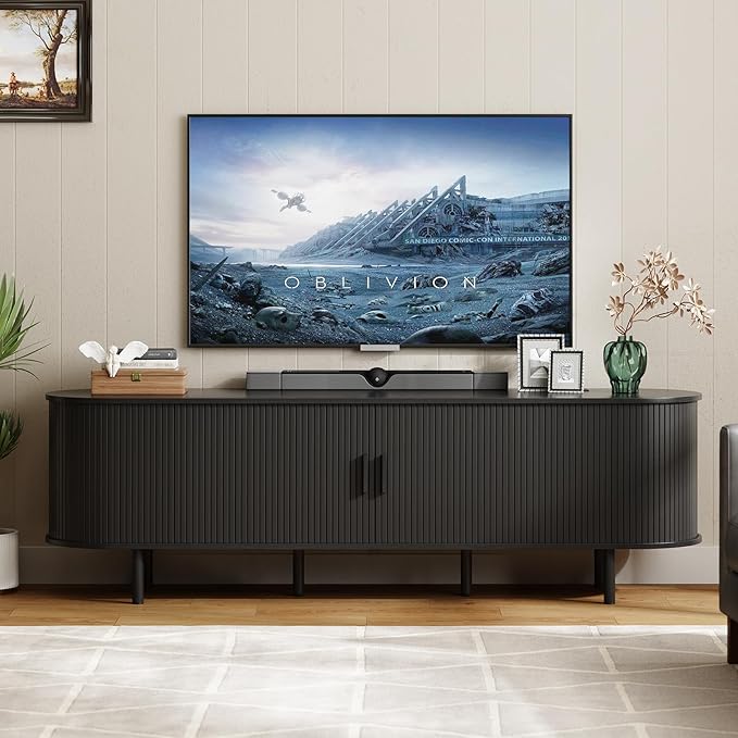 ONBRILL 70.8" TV Stand with Power Outlet for TVs up to 75 Inch, Entertainment Center with Storage and Adjustable Shelves, Modern Media Console with Sliding Doors for Living Room, Black