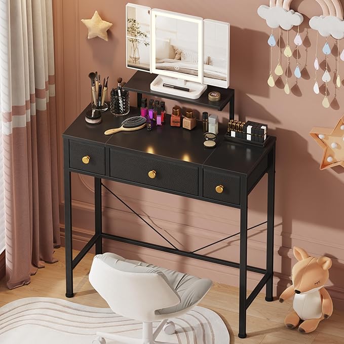 HIGDBFE Small Makeup Vanity Desk 27.5''W with Mirror and Lights, Vanity Desk with 3 Fabric Drawers and Height-Adjustable Stand, Vanity Table for Girls Gifts, Bedroom and Small Spaces, Black