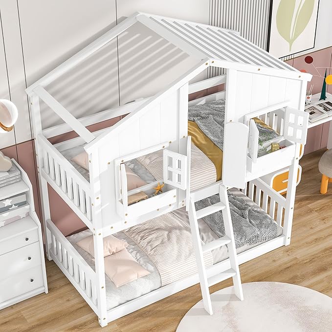 Wooden Twin Over Twin Floor Bunk House Bed with Door and Window Built-in Storage Box, Low Loft Bunk Bed for Kids Girls Boys Adults, No Box Spring Needed, White