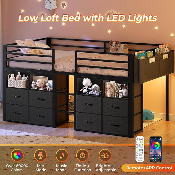ADORNEVE Low Loft Bed Twin Size with 8 Storage Drawers, Twin Loft Bed with Bookcase and LED Lights, Metal Kids Loft Bed with 14" H Safety Guardrail, Under-Bed Play Space, No Box Spring Needed, Black