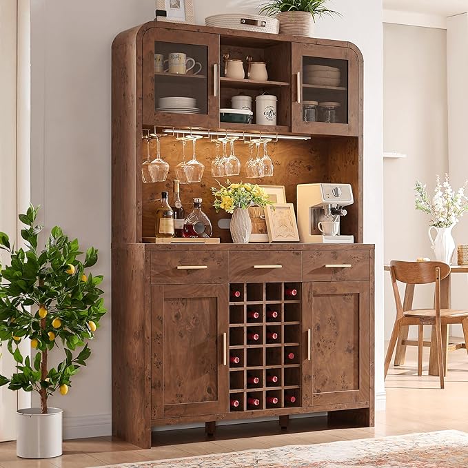 77" Tall Wine Bar Cabinet with Storage Hutch and 3 Drawers, Coffee Bar Cabinet with LED Lights and 24 Bottle Wine Rack for Home Dining Room Kitchen, Dark Burl