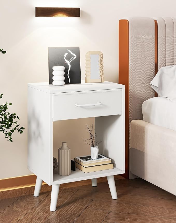 YMYNY Nightstand Set of 2, Bedside Table, Side Table with Fabric Drawer, Handle and Open Compartment, Solid Wood Legs, Wooden Coffee Table for Bedroom, White UHST020W-2