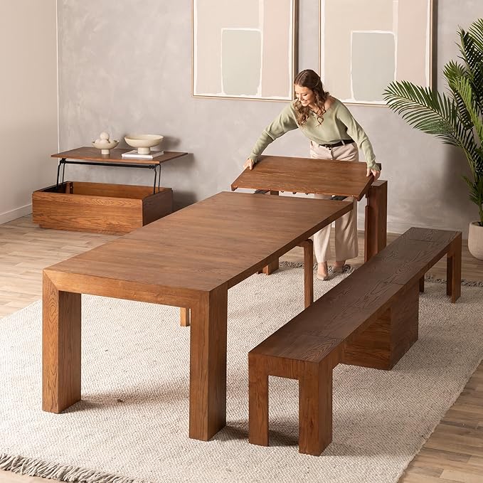Transformer Table - Solid Wood Extendable Dining Table, Seats 2-12, Expandable Dining Room Table, Space-Saving Furniture, Kitchen and Dining Room Furniture (Brown, Table + Bench + Coffee Table)