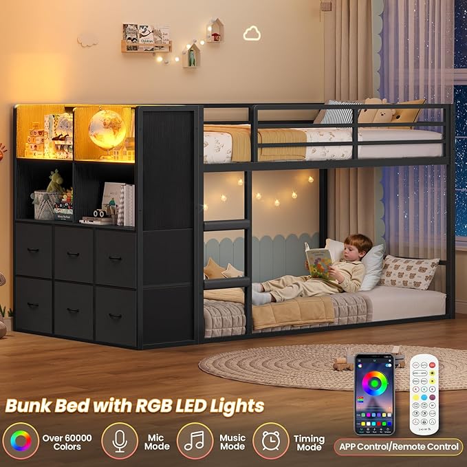 BTHFST Twin Over Twin Bunk Bed with Storage Drawers & Open Storage Shleves with LED Lights, Metal Black Low Bunk Bed Safety Ladder and 13.4" H Guardrail, Space Saving