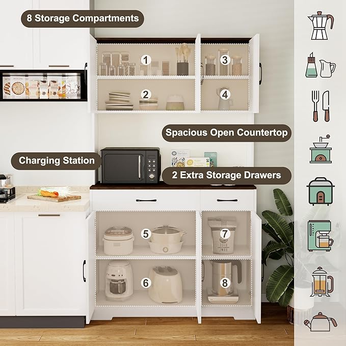71" Kitchen Pantry Cabinet with Charging Station, Pantry Storage Cabinet Large Kitchen Hutch with Microwave Stand, Coffee Bar Station with Doors and Adjustable Shelves for Kitchen, White