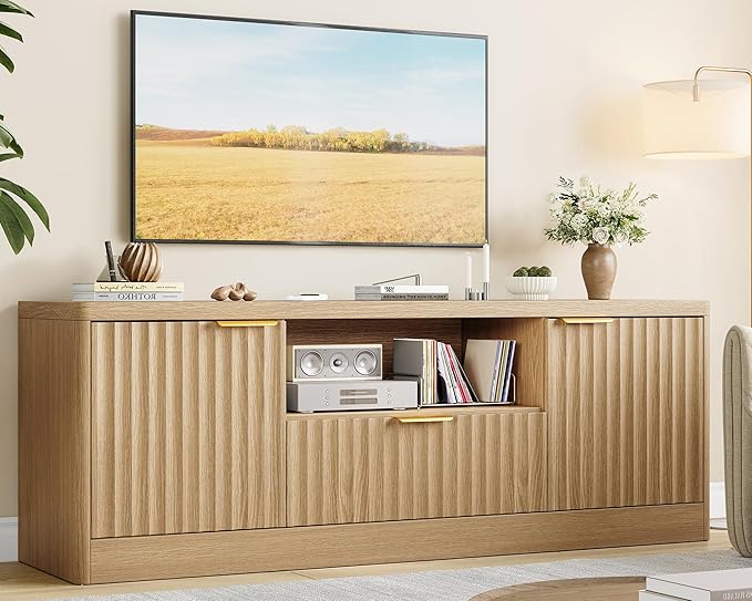 TEENFON 55" TV Stand for TVs Up to 60", Modern Fluted Entertainment Center with Drawer and Open Shelf, Media Console Table, TV Stands for Living Room, Nature Oak