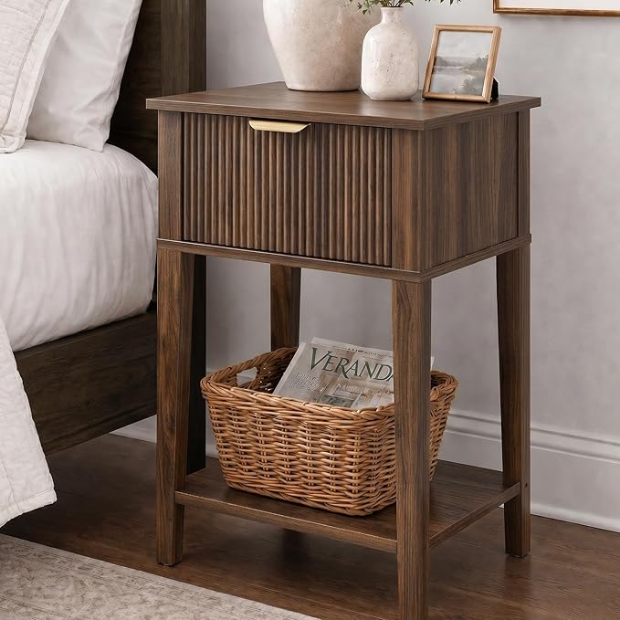 Modern Fluted Small Wood Nightstand, 11.8" Deep x 15.4" Narrow Bedside Table with Drawer & Open Shelf, Mid-Century Rustic Accent End Table for Bedroom & Sofa - Walnut